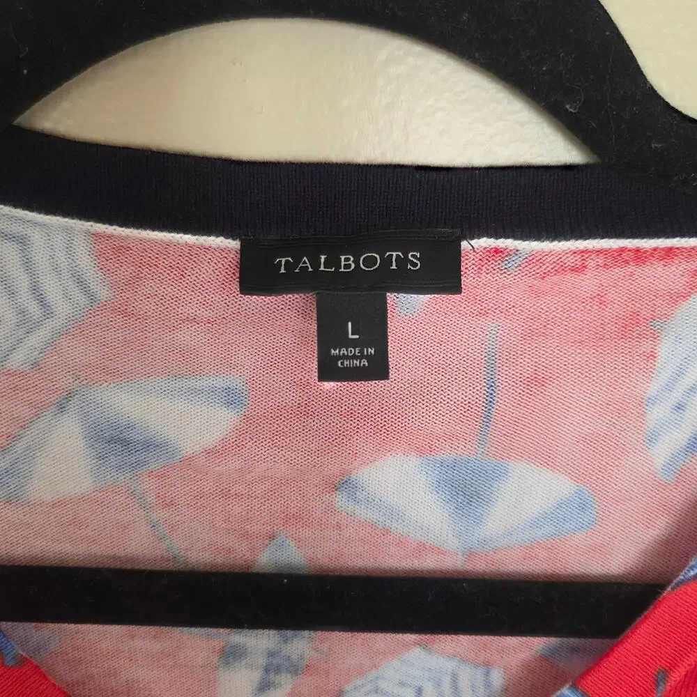 Talbots Beach Umbrella Print Cardigan Sweater Womens Large Red Blue Button Front